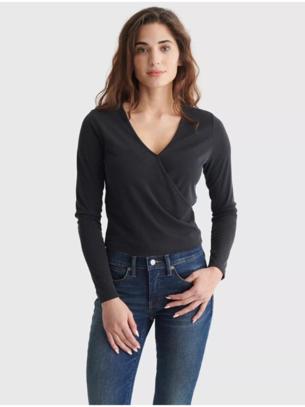 Lucky Brand NWT Black Onyx Long Sleeve Rib Knit Surplice Top, Size 2XL